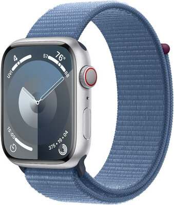 Apple Watch Series 9 GPS + Cellular 41mm strieborné hliníkové púzdro s ľadovo modrým prevliekacím športovým remienkom