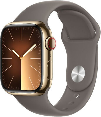Apple Watch Series 9 GPS + Cellular 41mm zlaté puzdro z nehrdzavejúcej ocele s hliníkovo šedým športovým remienkom - M/L