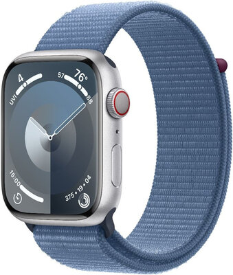 Apple Watch Series 9 GPS + Cellular 45mm strieborné hliníkové puzdro s ľadovo modrým prevliekacím športovým remienkom