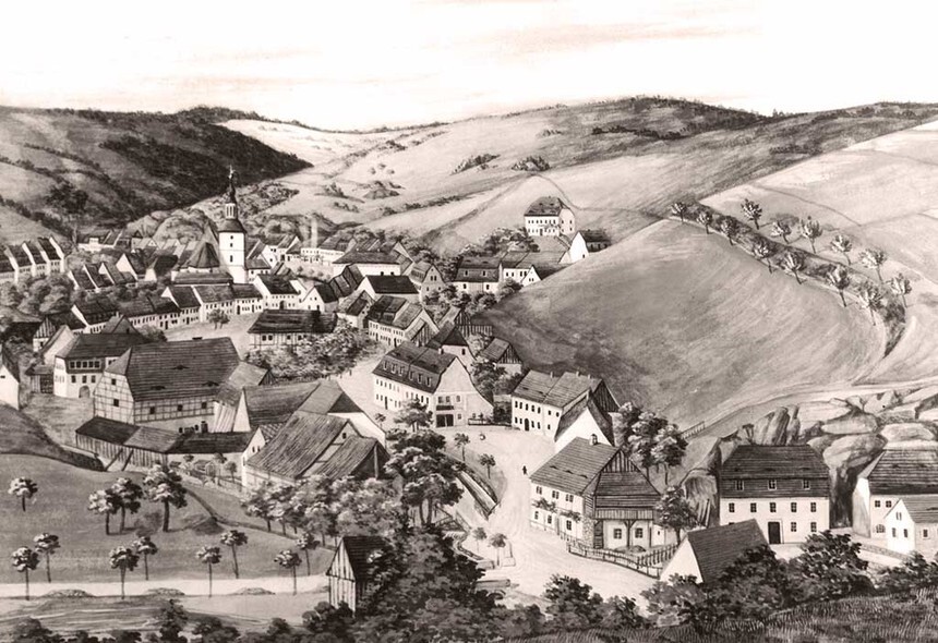 Městečko Glashütte okolo roku 1855. Zdroj: https://www.glashuette-original.com/