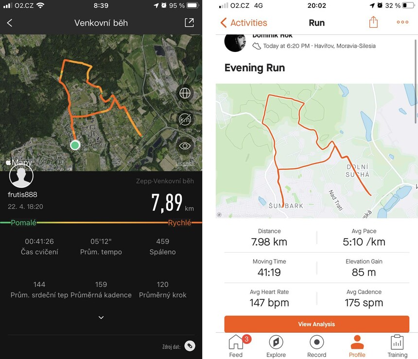 Rozdíly v analýze aktivity bývají i u jiných značek, ale u Amazfitu jsou rozdíly dost velké. Obzvlášť kadence běhu. Jedná se o totožný běh zobrazený v aplikaci Zepp (vlevo) a aplikaci Strava (vpravo).