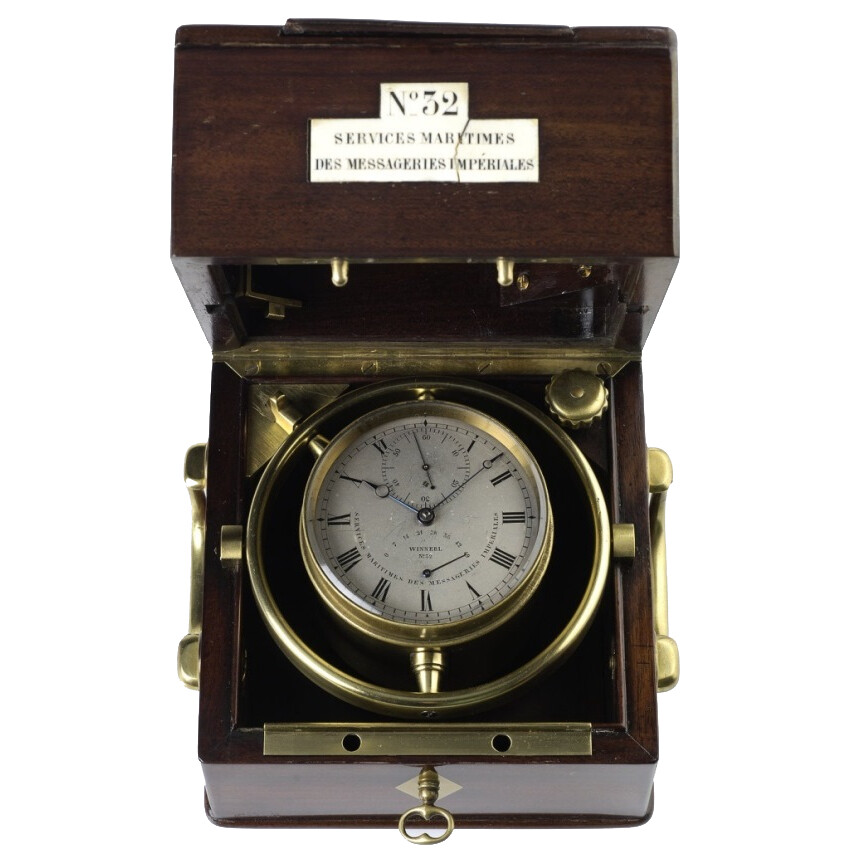 Malý lodní chronometr s 49hodinovým indikátorem rezervy chodu. Jeden z nejstarších existujících lodních chronometrů od Josepha Thaddäuse Winnerla, cca 1853. Zdroj: https://watch-wiki.org/