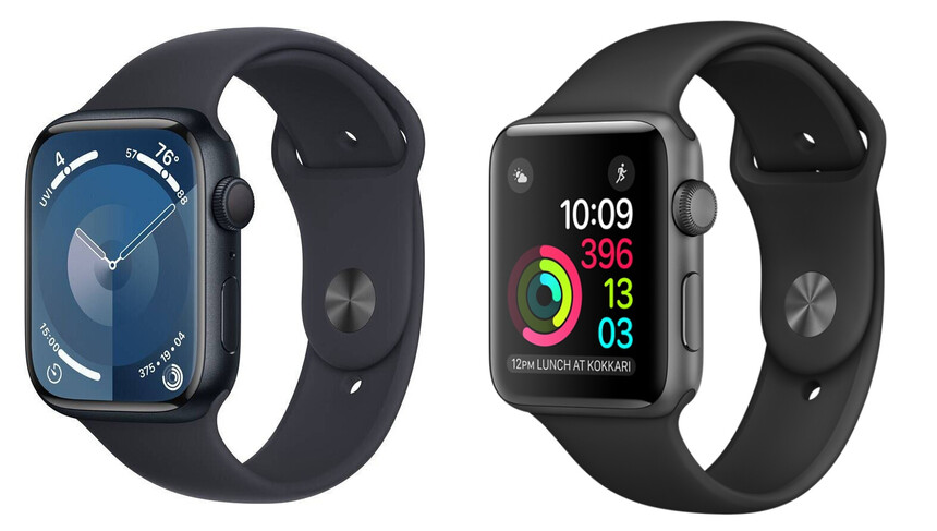 Vlevo – Apple Watch 9, vpravo – první generace Apple Watch