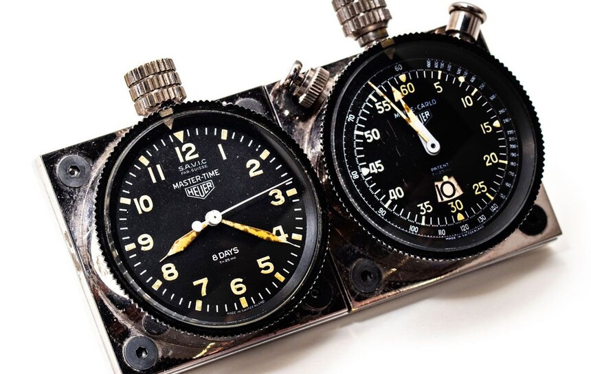 Heuer chronografy, které se připevňovaly na palubní desku pro měření času během závodu. Zdroj: wristler.eu