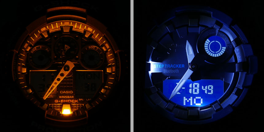 porovnání osvětlení u G-Shock GA-100 a GBA-800