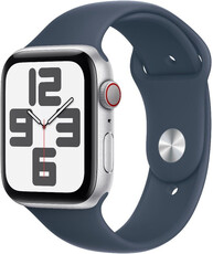 Apple Watch SE (2023) GPS + Cellular 44mm strieborné hliníkové puzdro s búrkovo modrým športovým remienkom - M/L