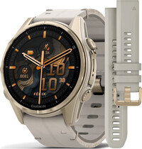 Garmin Fenix 8 AMOLED 43 mm, Sapphire Soft Gold Stainless Steel Fog Gray Limestone Leather Band (Premium) (+ náhradný remienok)