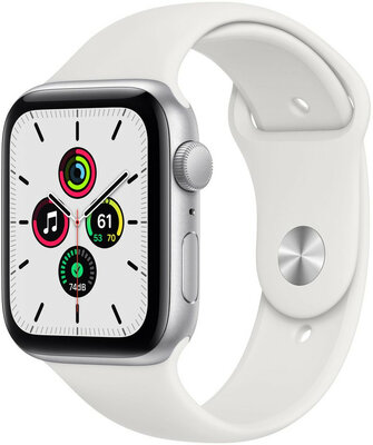 Apple Watch SE GPS, 44mm, puzdro zo strieborného hliníka s bielym športovým remienkom (rozbalené)