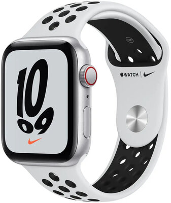 Apple Watch Nike SE GPS + Cellular, 44mm puzdro zo strieborného hliníka s platinovým/čiernym športovým remienkom Nike