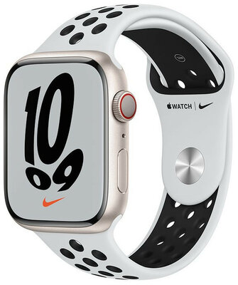 Apple Watch Nike Series 7 GPS + Cellular, 45mm puzdro z hviezdne bieleho hliníka s platinovým športovým remienkom Nike