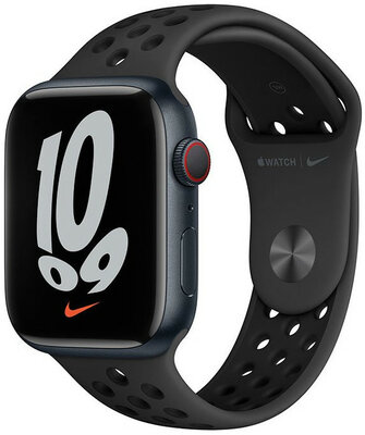 Apple Watch Nike Series 7 GPS + Cellular, 45mm puzdro z temne atramentového hliníka s čiernym športovým remienkom Nike