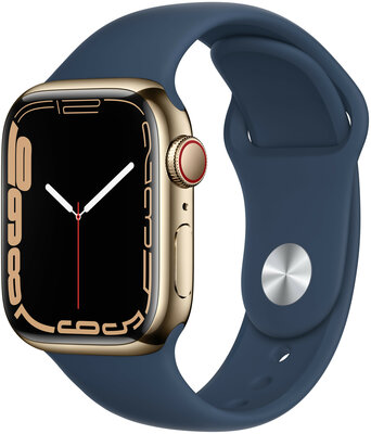 Apple Watch Series 7 GPS + Cellular, 41mm zlaté puzdro z nerezovej ocele s modrým športovým remienkom