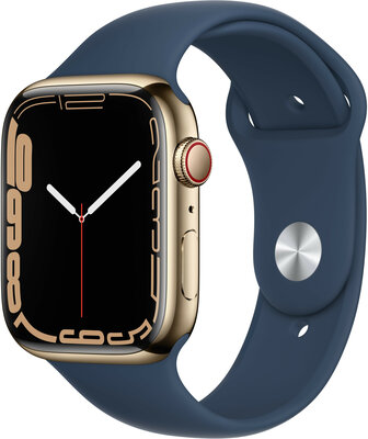 Apple Watch Series 7 GPS + Cellular, 45mm zlaté puzdro z nerezovej ocele s modrým športovým remienkom