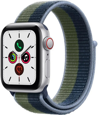 Apple Watch SE GPS + Cellular, 40mm puzdro zo strieborného hliníka s modrým/zeleno machovým športovým remienkom