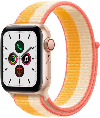 Apple Watch SE GPS + Cellular, 40mm puzdro zo zlatého hliníka s oranžovožltým/bielym športovým remienkom