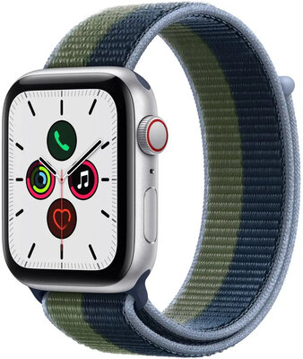Apple Watch SE GPS + Cellular, 44mm puzdro zo strieborného hliníka s modrým/zeleno machovým športovým remienkom