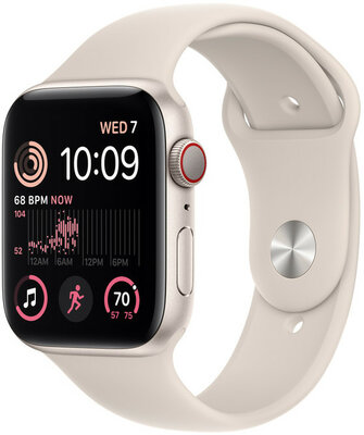Apple Watch SE (2022) GPS + Cellular, 44mm Puzdro z hviezdne bieleho hliníka, biely športový remienok