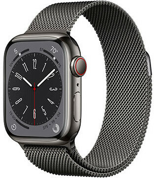 Apple Watch Series 8, GPS + Cellular, 41mm Puzdro z grafitovo šedej nerezovej ocele, pletený navliekací remienok