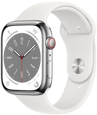 Apple Watch Series 8, GPS + Cellular, 45mm Puzdro zo striebornej nerezovej ocele, športový remienok