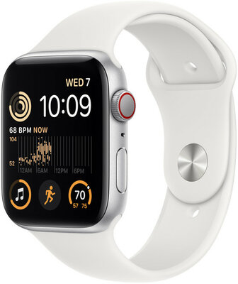 Apple Watch SE (2022) GPS + Cellular, 44mm Puzdro zo strieborného hliníka, biely športový remienok