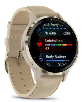 Garmin Venu 3S Cream Gold / French Gray Case, Sand Leather Band (+ náhradný remienok)