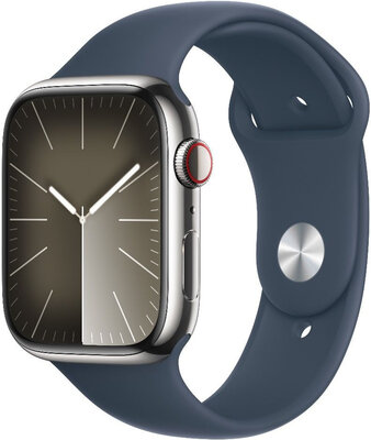 Apple Watch Series 9 GPS + Cellular 45mm strieborné puzdro z nerezovej ocele s búrkovo modrým športovým remienkom - S/M