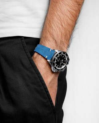 Kožený remienok Hirsch Serro L 05564080-2, modrý, antilopová koža, Limited Edition, dĺžka L, Quick Release