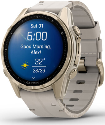 Garmin Fenix 8 AMOLED 43 mm, Sapphire Soft Gold Stainless Steel Fog Gray Limestone Leather Band (Premium) (+ náhradný remienok)