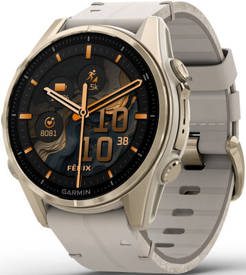 (SK) Garmin Fenix 8 AMOLED 43mm, Sapphire Soft Gold Stainless Steel Fog Gray Limestone Leather Band (Premium) (+ náhradný remienok)