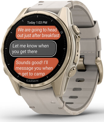 (SK) Garmin Fenix 8 AMOLED 43mm, Sapphire Soft Gold Stainless Steel Fog Gray Limestone Leather Band (Premium) (+ náhradný remienok)