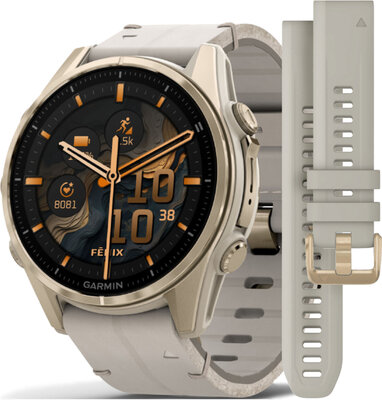 (SK) Garmin Fenix 8 AMOLED 43mm, Sapphire Soft Gold Stainless Steel Fog Gray Limestone Leather Band (Premium) (+ náhradný remienok)