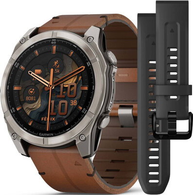 (SK) Garmin Fenix 8 AMOLED 51mm, Exclusive Titanium Graphite Brown Leather Band (Premium) (+ náhradný remienok)